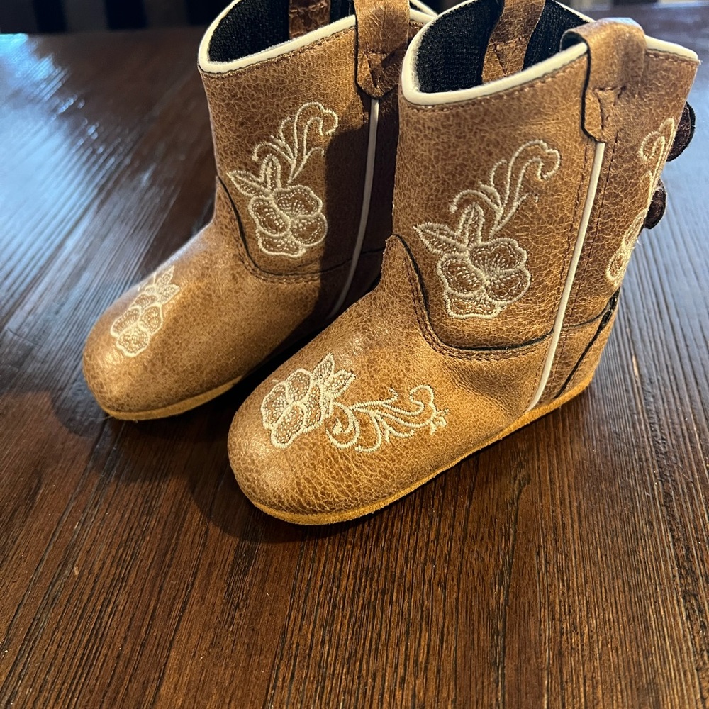 Brown Kids Cowboy Boots with Floral Design